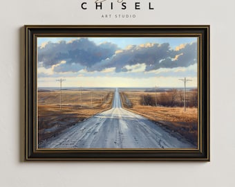 Long Country Road Wall Art Printable | Rural Landscape Artwork | Open Prairie Farm Road | Minimal Rustic Country Decor