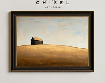 Minimal Barn Hill Landscape Wall Art Printable | Open Field Farm Scene | Neutral Country Decor | Modern Rustic Art