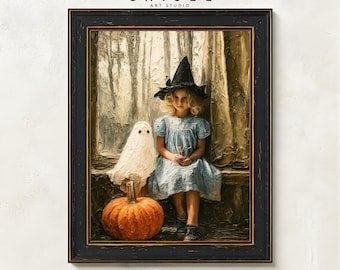 Vintage Halloween Print | Little Witch Wall Art | Ghost and Pumpkin Decor | Spooky Cottage Art | Whimsical Halloween Art