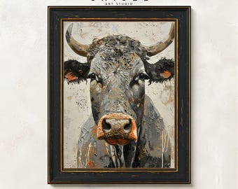 Bull Wall Art Printable | Rustic Cattle Portrait | Farm Animal Artwork | Western Ranch Decor Art