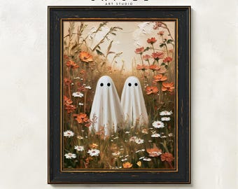 Ghost Wall Art | Floral Halloween Print | Whimsical Ghost Decor | Spooky Cute Wall Art | Autumn Wildflower Printable