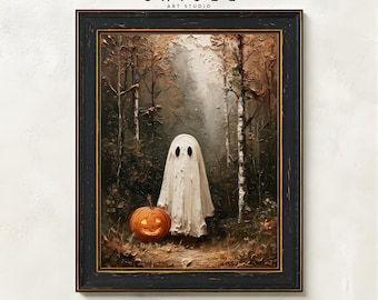 Ghost and Pumpkin Art | Halloween Wall Art | Spooky Forest Print | Vintage Ghost Decor | Jack O Lantern Printable