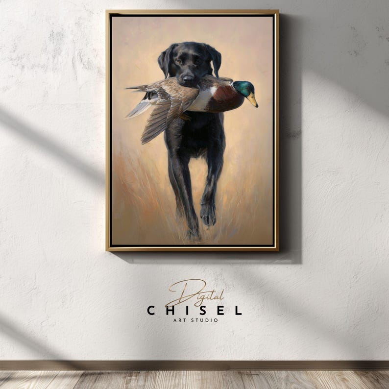 A detailed artwork of a black Labrador retriever holding a harvested mallard drake, showcasing the drake’s iridescent green head and rich chestnut tones. The dog stands confidently in tall grass, conveying the tradition of waterfowl hunting and the loyal partnership between retriever and hunter. The textured brushwork creates a warm, rustic outdoor atmosphere suitable for sporting décor.