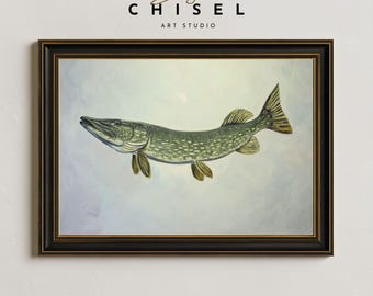 Pike Fish Wall Art Print | Northern Pike Fishing Decor | Fisherman Gift | Rustic Cabin Artwork | Lake House Wildlife Painting
