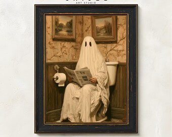 Funny Ghost Bathroom Art | Halloween Bathroom Print | Ghost on Toilet Decor | Spooky Bathroom Wall Art | Vintage Ghost Print