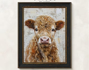 Highland Cow Portrait Wall Art Printable | Farmhouse Cow Art | Rustic Farm Animal Decor | Country Neutral Farmhouse Wall Art