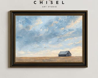 Minimal Barn Landscape Wall Art Printable | Open Prairie Farm Scene | Neutral Country Decor | Modern Rustic Print