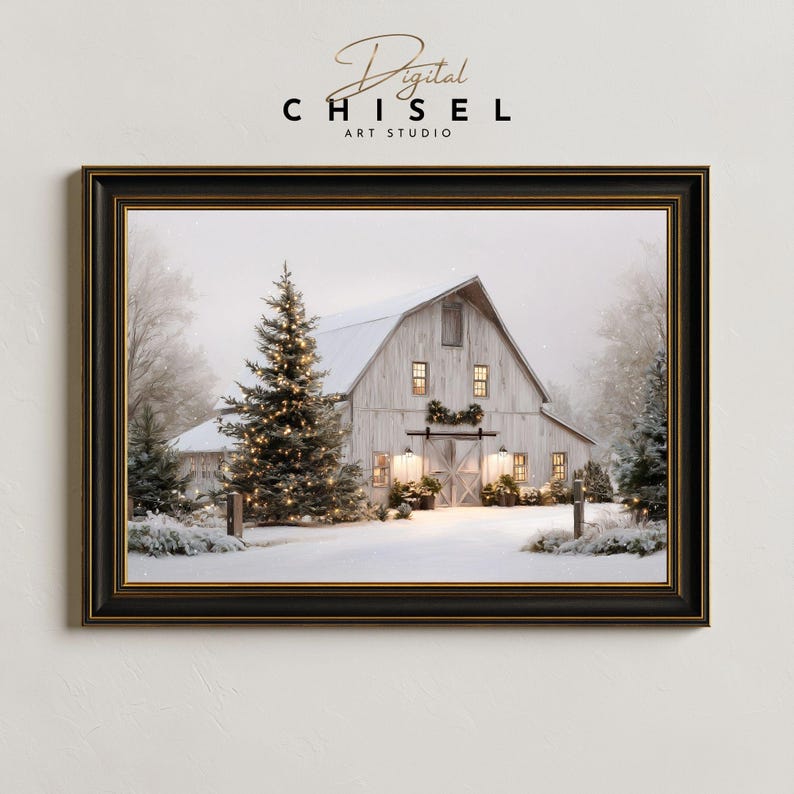 Rustic Christmas Barn Wall Art Printable, Cozy Winter Landscape ...