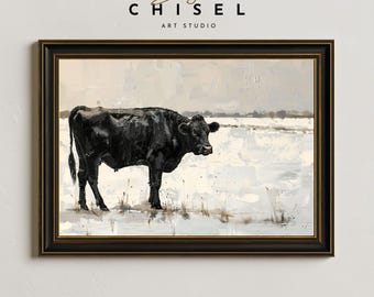 Black Cow Winter Landscape Wall Art Printable | Minimal Farm Animal Art | Neutral Rustic Country Decor | Modern Farmhouse