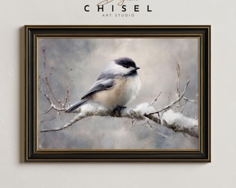 Chickadee Winter Painting Printable, Snowy Bird Wall Art, Neutral Christmas Decor, Rustic Woodland Holiday Print, Winter Nature Artwork