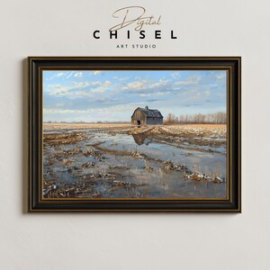 May include: Framed landscape art print featuring a barn in a field with water and a cloudy sky. The artwork has a black frame and the text "Digital Chisel Art Studio" at the top.