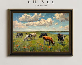 Grazing Cows Farm Wall Art Printable | Pasture Landscape Artwork | Rustic Country Decor | Cattle Meadow Rural Art