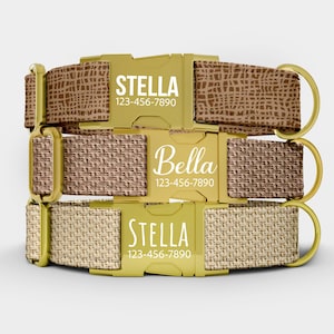 May include: Three personalized dog collars with gold-colored buckles. The collars feature names and phone numbers. The top collar has a brown pattern, the middle collar has a woven texture, and the bottom collar has a beige woven texture.
