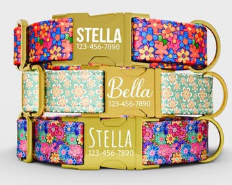 Watercolor Floral Dog Collar and Leash Set, Personalized Pet ID