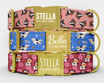 Collare per cani a forma di mucca, collare per cani a forma di mucca carino personalizzato, collare con motivo floreale a forma di muggito dei cartoni animati, set di collare e guinzaglio per animali da fattoria personalizzati LI-116