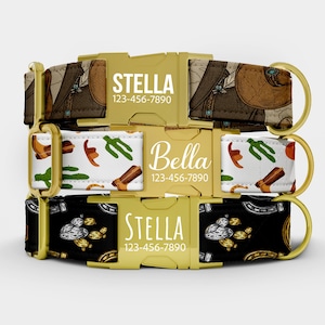 May include: Three dog collars with gold-colored buckles. The top collar has a brown and tan cowboy theme. The middle collar has a white background with boots and cacti. The bottom collar is black with gold horseshoes. Each collar has a name and phone number.