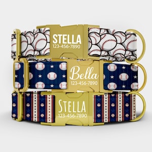 May include: Three personalized dog collars with gold-colored hardware. The collars feature baseball-themed patterns: baseballs, baseballs on a navy background with stars, and a patriotic design with stars and stripes. Each collar has a name and phone number.