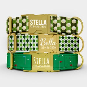 May include: Three dog collars with gold-colored buckles. The top collar has a green and white golf ball pattern. The middle collar has a green and white argyle pattern. The bottom collar is green with golf course graphics. Each collar has a name and phone number.