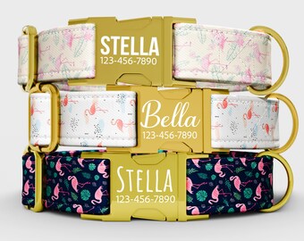 May include: Three personalized dog collars with gold-colored buckles. The top collar has a cream background with pink flamingos and green leaves. The middle collar has a white background with pink flamingos. The bottom collar has a navy background with pink flamingos.