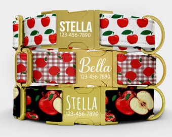 Collar de manzana para perro, collar personalizado para perro de granja con nombre, collar con estampado de picnic de huerto de manzanas rojas, conjunto de collar y correa personalizados LI-104