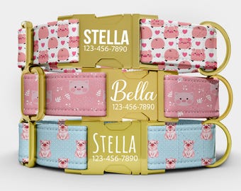 Collar personalizado con forma de cerdo y nombre, con estampado de corazón de granja rosa, conjunto de collar y correa personalizados LI-123