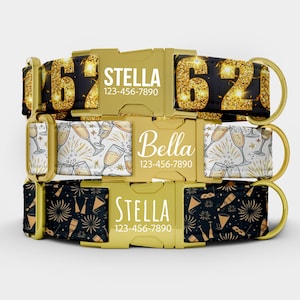 May include: Three personalized dog collars with gold hardware. The top collar has a black background with gold glitter numbers and the name "Stella". The middle collar has a white background with champagne glasses and the name "Bella". The bottom collar has a black background with gold fireworks and the name "Stella".