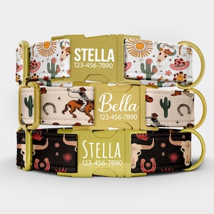 May include: Three dog collars with gold-colored buckles and D-rings. The collars feature a western theme with cacti, cowboy hats, and a cowboy riding a horse. Each collar has a name and phone number printed on it.
