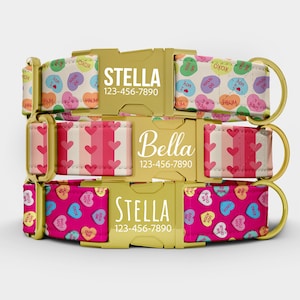 Può includere: Tre collari per cani con hardware color oro. I collari superiore e inferiore hanno un motivo a cuore di caramelle con il nome "Stella" e un numero di telefono. Il collare centrale ha un motivo a righe di cuori rosa e bianchi con il nome "Bella" e un numero di telefono.
