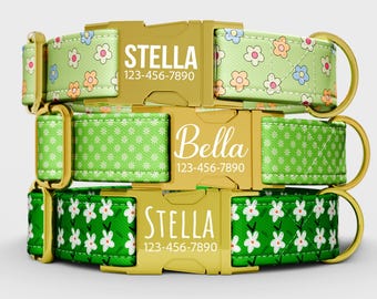Conjunto de collar y correa para perro con estampado floral verde, collar ajustable personalizado con identificación de nombre, accesorios Spring Dog LI-039