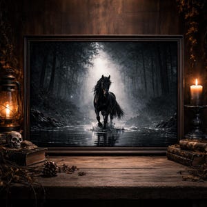 Dark Forest Stallion Wall Art Black Moody Horse Print Gothic Equestrian Decor Misty Woodland Poster Rustic Cabin Artwork Gift
