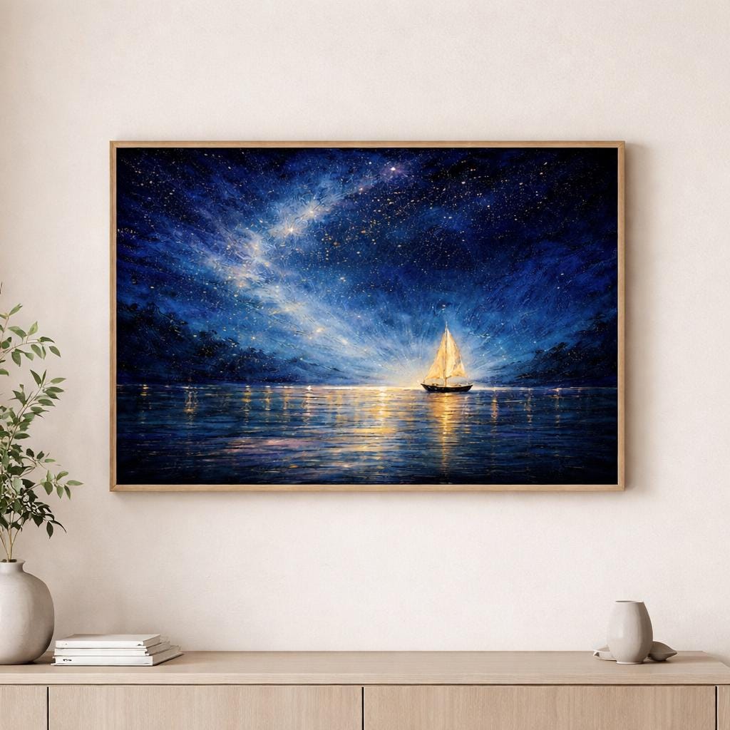 Abstract Starry Sailboat Wall Art Blue Harbor Night Poster Coastal ...