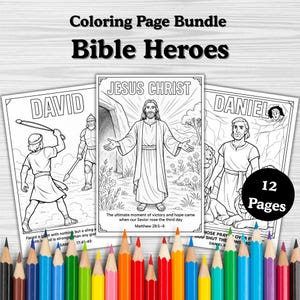May include: A coloring page bundle titled "Bible Heroes" featuring illustrations of biblical figures like David, Jesus Christ, and Daniel. The pages are black and white line drawings, with text including Bible verses and the number of pages. A set of colored pencils is at the bottom.