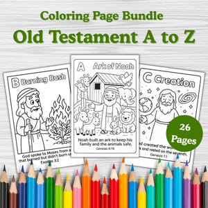 Könnte beinhalten: Ein Malbuch-Bundle mit dem Titel "Altes Testament A bis Z" mit drei Beispielseiten. Die Seiten zeigen Schwarz-Weiß-Illustrationen biblischer Szenen, darunter "Arche Noah". Das Bild enthält einen Satz farbiger Bleistifte.