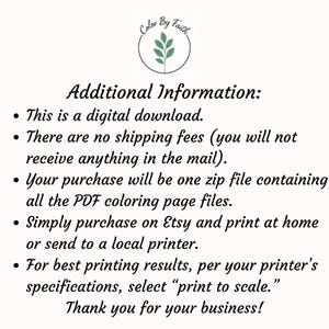 May include: Cream-colored digital download information sheet with the text "Color By Faith" and a leaf design. The text includes details about the digital download, no shipping fees, and printing instructions.