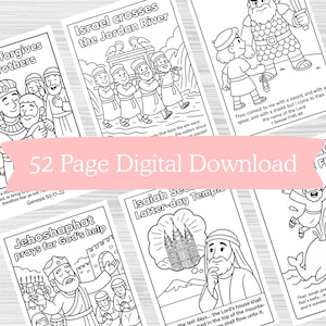 May include: A collection of black and white line art illustrations, featuring biblical scenes and figures. The text "52 Page Digital Download" is displayed across the image. Each illustration depicts a different story from the Bible, suitable for coloring.