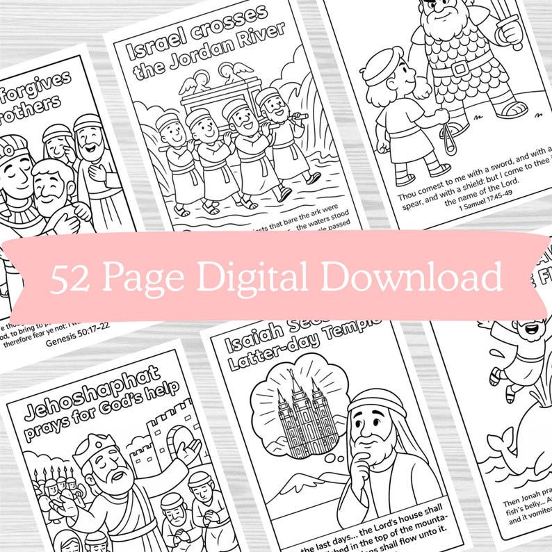 May include: A collection of black and white line art illustrations, featuring biblical scenes and figures. The text "52 Page Digital Download" is displayed across the image. Each illustration depicts a different story from the Bible, suitable for coloring.