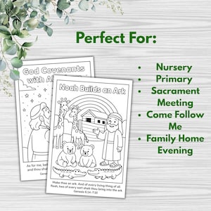 May include: Two black and white coloring pages with biblical scenes. One page is titled "God Covenants with Al" and the other is "Noah Builds an Ark." The pages are designed for nursery, primary, and family activities.