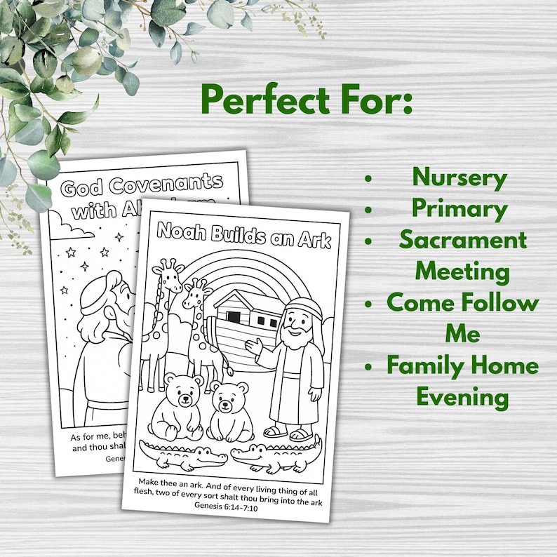 May include: Two black and white coloring pages with biblical scenes. One page is titled "God Covenants with Al" and the other is "Noah Builds an Ark." The pages are designed for nursery, primary, and family activities.