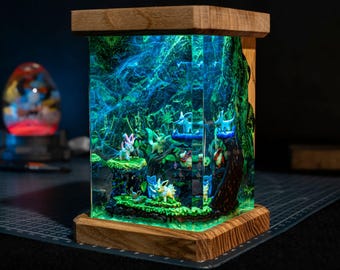 Eevee Evolution Resin Lamp: Handmade Wood Diorama Night Light