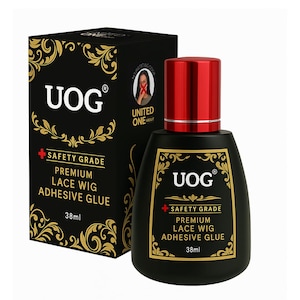 May include: Black bottle of UOG Premium Lace Wig Adhesive Glue with a red cap, next to a black box with gold accents. The bottle and box both display the brand name and product information, including "38ml".