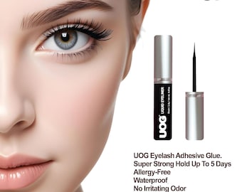 May include: Image features a woman's eye with long, dark eyelashes and a black liquid eyeliner applicator. The product is labeled "UOG Liquid Eyeliner" and promises a strong hold, allergy-free, waterproof formula suitable for all types of false lashes.
