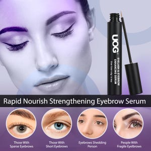 May include: The image shows a woman with eye makeup and a black tube of UOG Eyelash & Eyebrow Enhancing Serum. The text reads "Rapid Nourish Strengthening Eyebrow Serum" and shows examples of eyebrow types.
