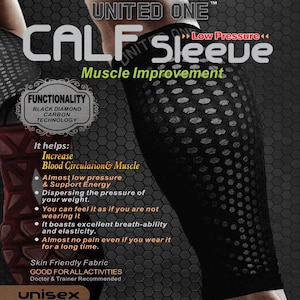 Puede incluir: Manga de pantorrilla negra con un diseño perforado, con el texto "CALF Sleeve" y "Muscle Improvement". La manga está hecha de tela amigable con la piel y se recomienda para todas las actividades. El texto también menciona "Black Diamond Carbon Technology".