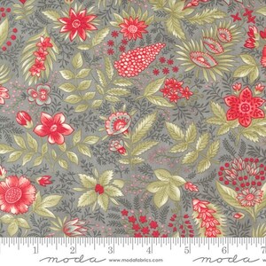 May include: Floral fabric with a gray background, featuring red and pink flowers, green leaves, and gray vines. The fabric has a repeating pattern of various floral elements, including large blooms and smaller clusters. The fabric is marked with a ruler along the bottom.