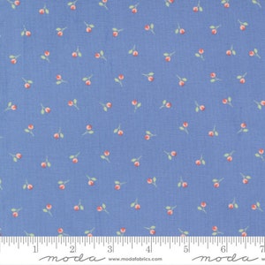May include: A blue fabric with a repeating pattern of small red berries with green stems.