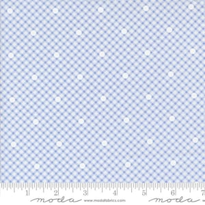 May include: A light blue and white fabric with a gingham pattern and evenly spaced white polka dots. The fabric has a ruler along the bottom edge with the word "moda" printed on it.