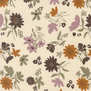 May include: A cream-coloured fabric featuring a repeating floral pattern. The design includes stylised flowers and leaves in shades of dark brown, muted orange, dusty purple, and sage green, arranged in a scattered, non-directional layout.