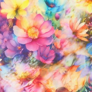May include: A vibrant floral pattern featuring a dense arrangement of watercolor-style flowers in shades of pink, yellow, orange, blue, and purple. The design showcases layered petals, soft blending, and varied bloom sizes across the entire surface.