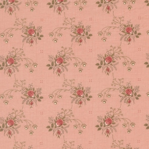 May include: A repeating pattern of pink fabric with a floral design. The pattern features clusters of red roses with green leaves and stems, along with smaller floral accents. The background is a solid, light pink color.