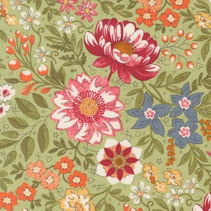 May include: A floral pattern featuring large red and pink flowers with white accents, surrounded by smaller orange, yellow, and blue blossoms. The design is set against a light green background with green leaves and stems.